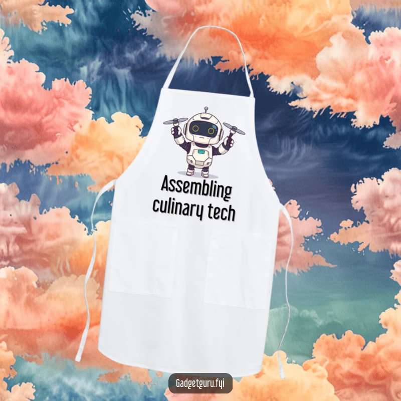 Funny apron design of a small, excited robot character holding a tiny spinning drone, a humorous cooking accessory for tech lovers.