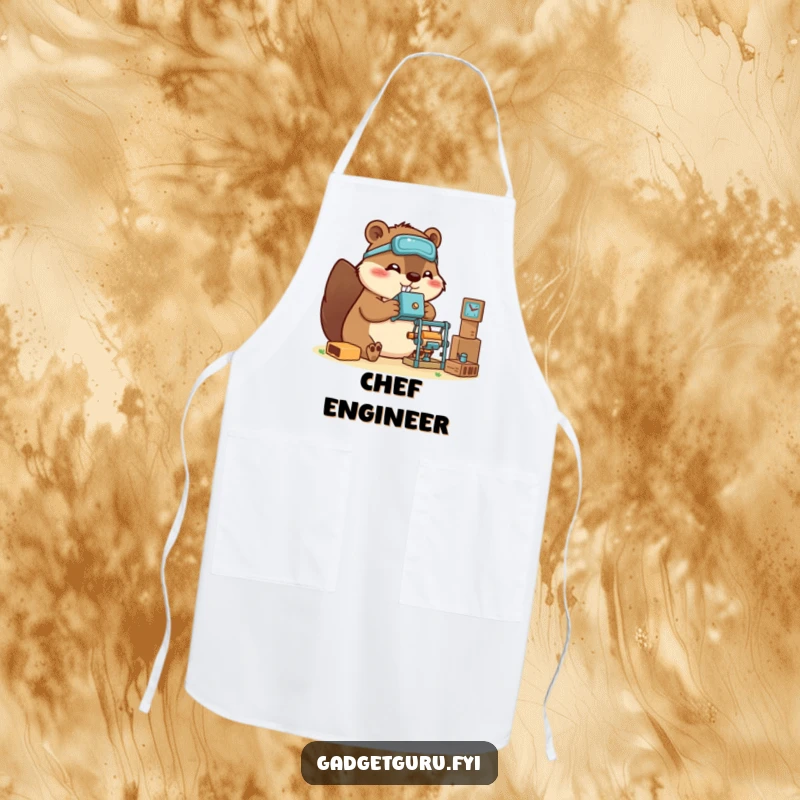 Funny beaver apron with a happy character building a miniature gadget, perfect for protecting clothes during creative endeavors.