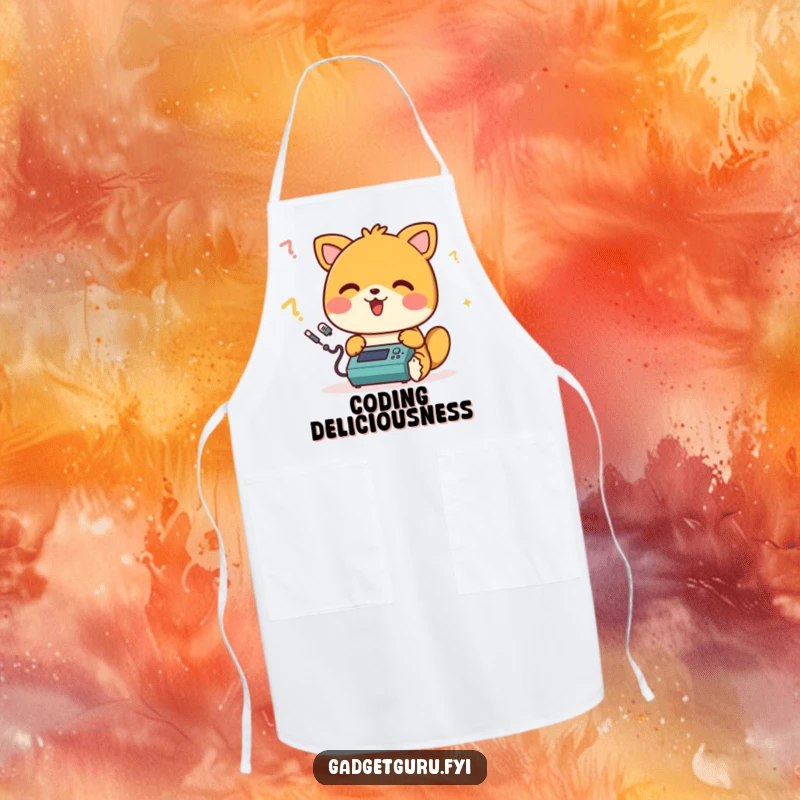 Funny apron with a happy animal character beeping while programming a small device, bringing cheerful humor to cooking and coding.