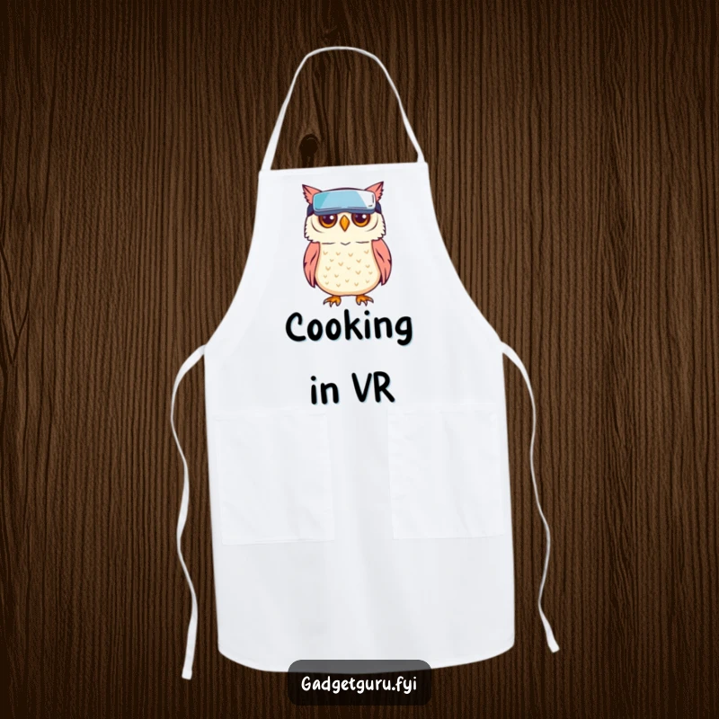 Funny owl character wearing tiny VR goggles, ideal for cooking or crafting, on a functional apron.