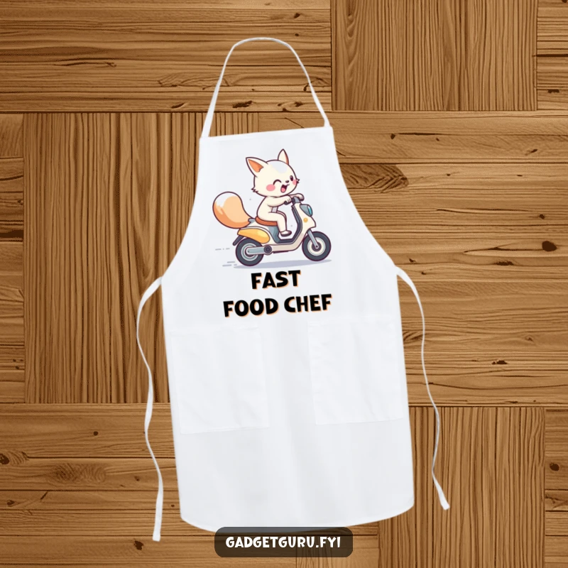 Funny apron with an energetic animal character on a futuristic scooter, bringing speed and humor to kitchen activities.