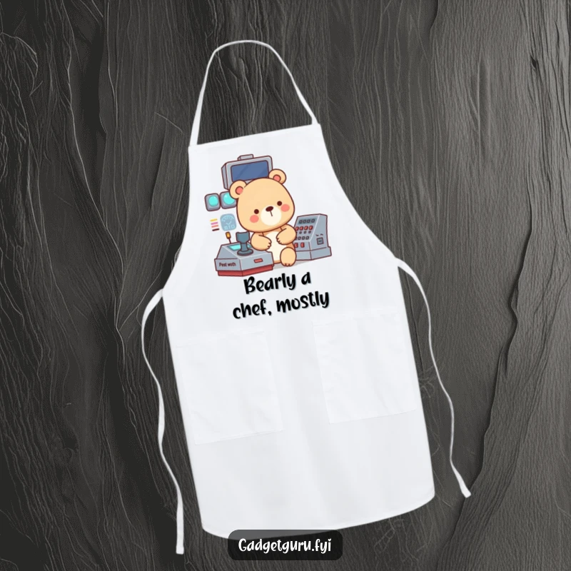 Funny apron showing a small, focused bear character intently operating a complex, blinking control panel, ready for kitchen duty.