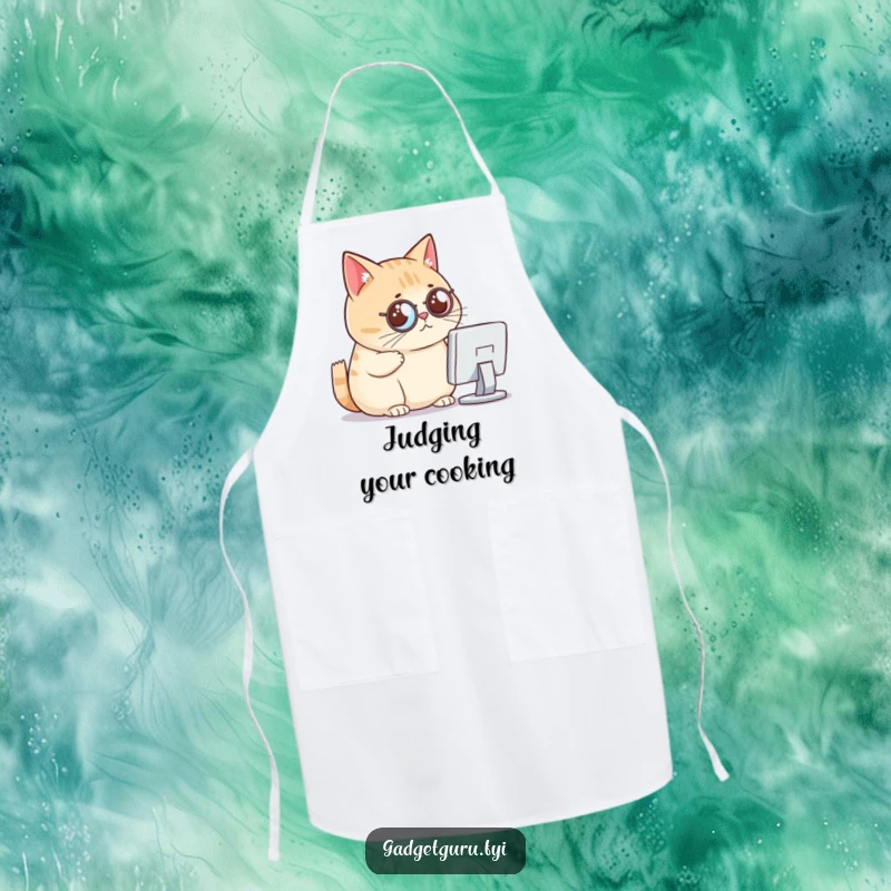 Funny cat apron, a chubby cat wearing a monocle and critically viewing a tiny computer screen, perfect for cooks.