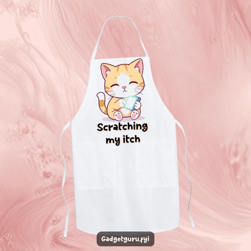 Funny apron featuring a curious cat character pawing at a tiny glowing screen, ready for kitchen adventures.