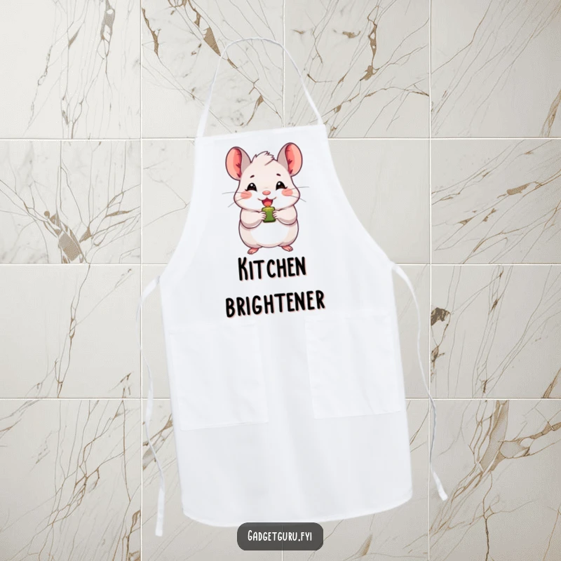 Funny chinchilla apron featuring a beaming character holding a blinking light, ideal for adding cheerful humor to cooking and baking.