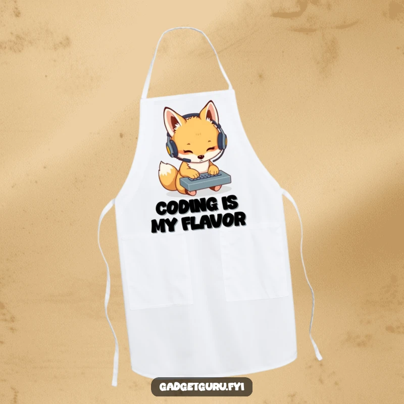 Funny Fox Cub Coder Apron: A humorous apron featuring a fox cub with a headset intently typing on a miniature keyboard, great for kitchen tasks.