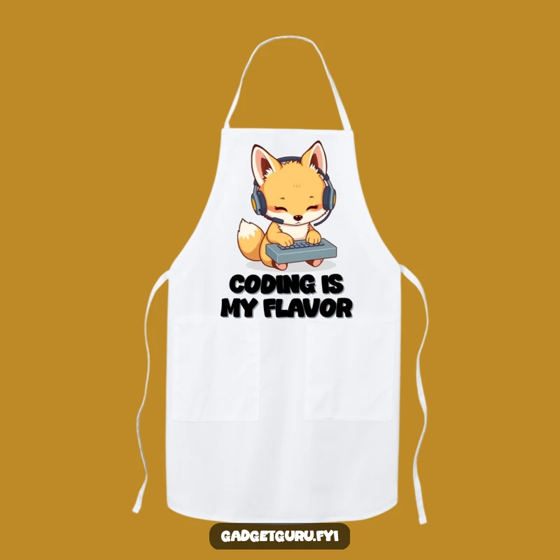 Funny Fox Cub Coder Apron: Tech Headset Keyboard Kitchen Wear
