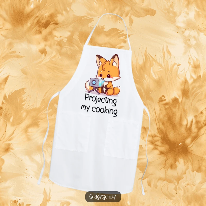 Funny fox character observing a tiny holographic projector, ideal for a kitchen or workshop setting, on a functional apron.