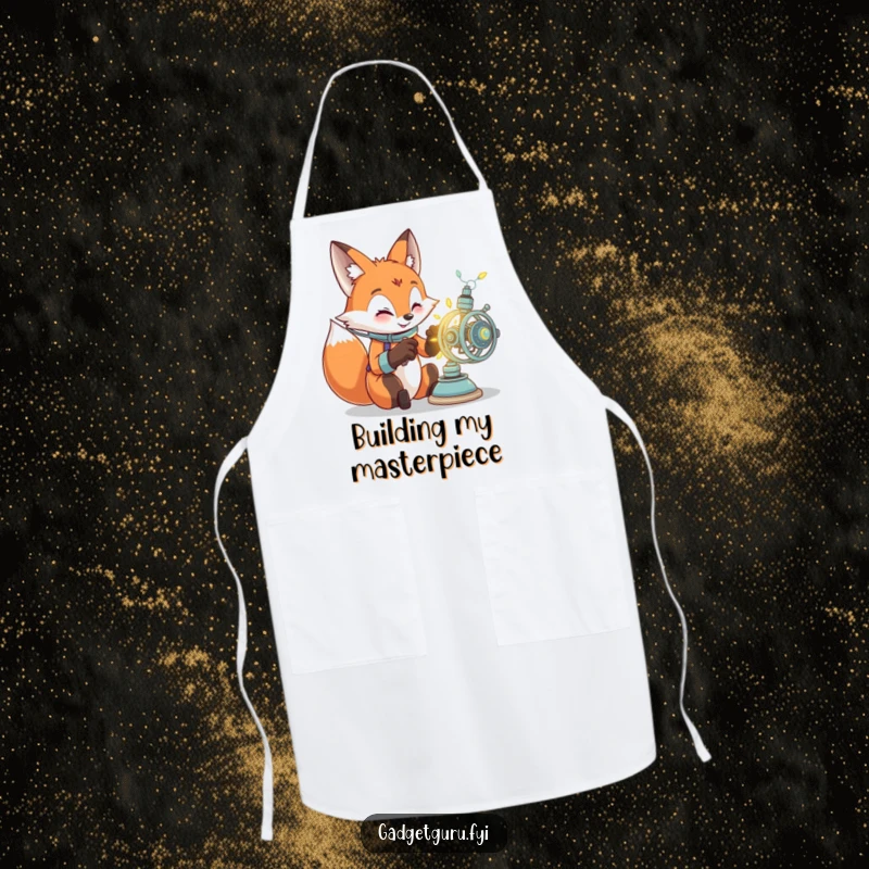 Funny apron design featuring a focused fox character assembling a glowing, intricate gadget, ideal for inventive cooks and crafters.