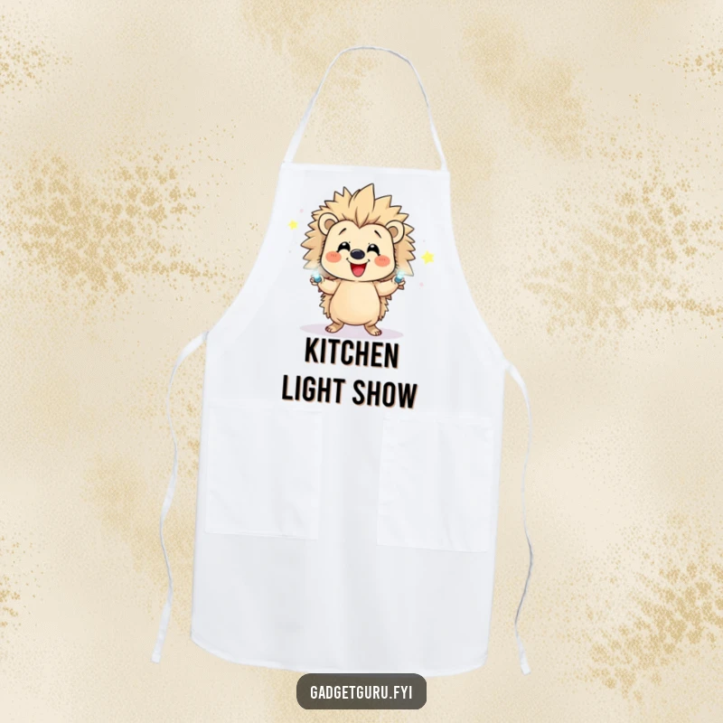 Funny apron depicting a happy hedgehog character juggling small, flashing LEDs while preparing food.