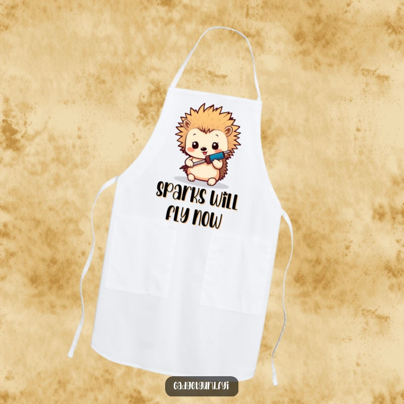 Funny Hedgehog Maker Apron: A humorous kitchen or workshop apron featuring a tiny hedgehog with spiky hair using a miniature soldering iron, practical for crafting.