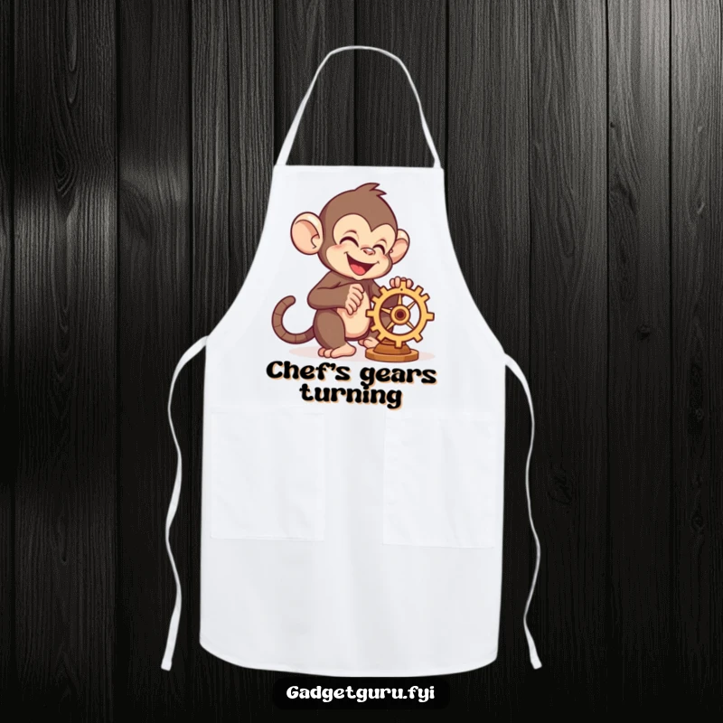 Funny monkey character focused on tinkering with a small gear, ideal for crafting or cooking, on a durable apron.