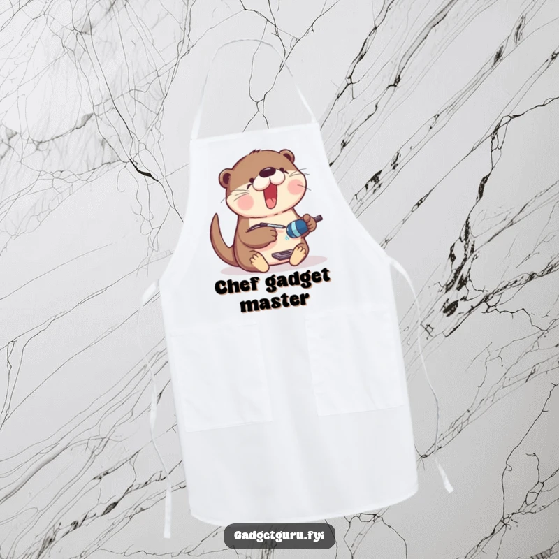 Funny Apron featuring an excited otter with a tiny soldering iron, enthusiastically working on a gadget.