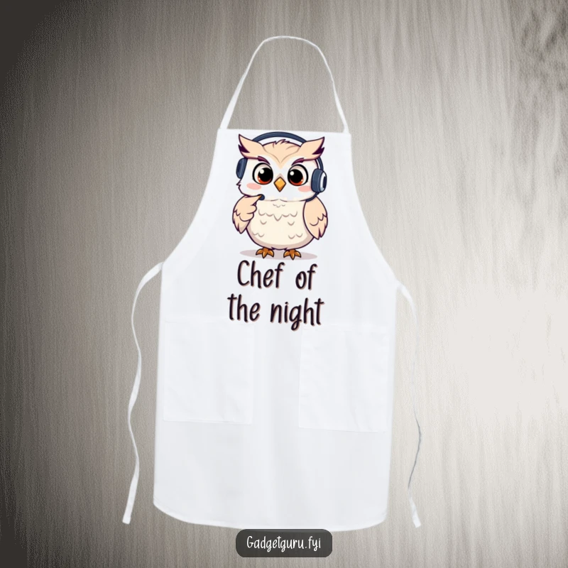 Funny owl apron featuring a giggling character wearing a headset and pointing, ideal for protection during helpful tasks.