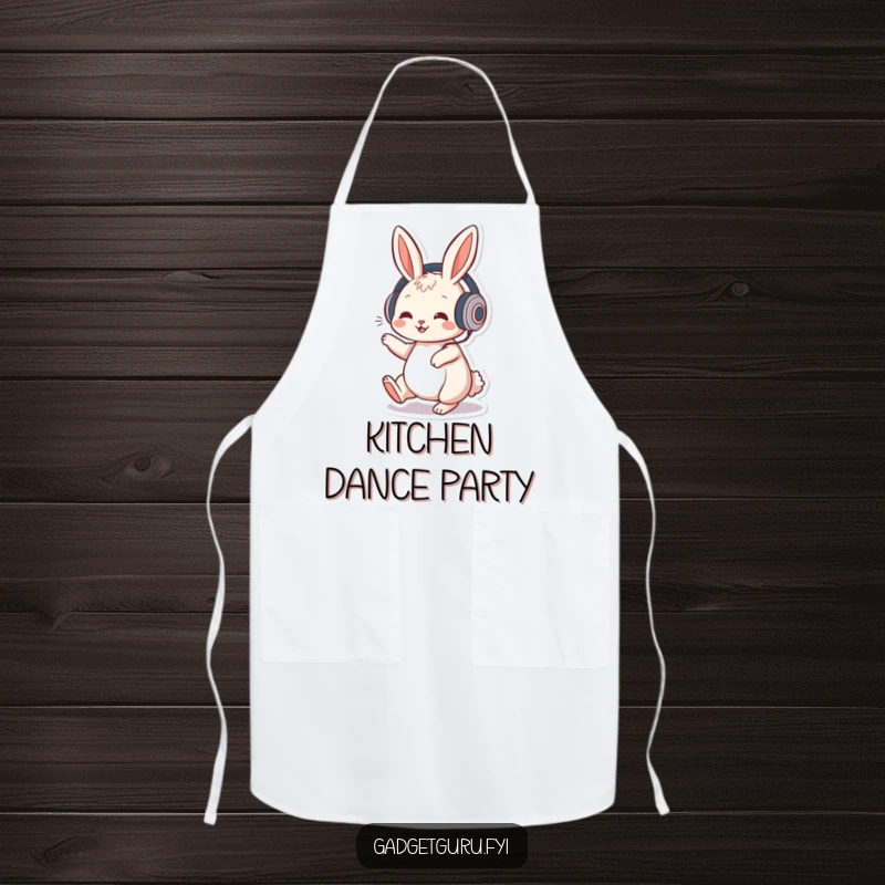 Funny apron depicting a playful rabbit character wearing headphones and tapping its foot to music while preparing food.
