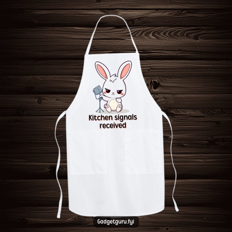 Funny rabbit apron showing a determined cartoon rabbit adjusting a miniature satellite dish, ideal for humorous cooking sessions.