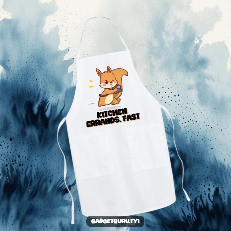 Funny apron design features a fast-moving squirrel character carrying a small, flashing gadget, perfect for busy cooks and creators.