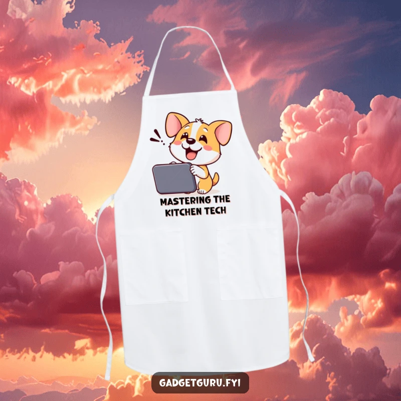 Funny Dog Apron: A cheerful dog demonstrates a new electronic device, perfect for a playful and fun cooking experience.