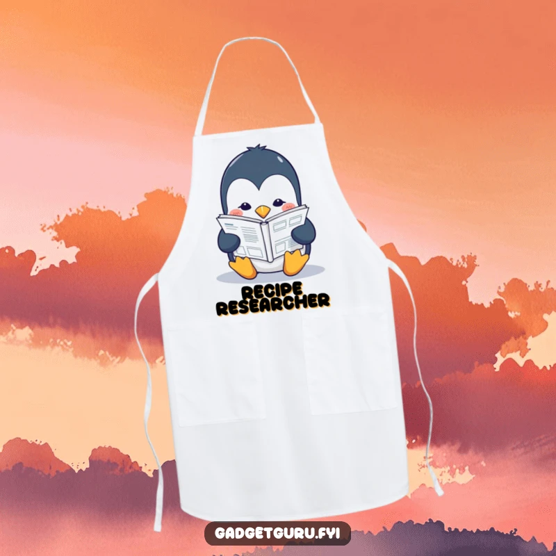 Funny penguin apron with a studious character reading a miniature tech manual, perfect for cooking and learning simultaneously.