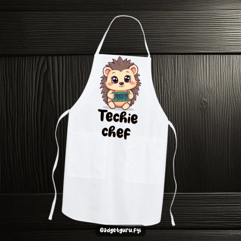 Funny hedgehog apron showing a curious character holding a tiny circuit board with wide eyes, ideal for humorous kitchen adventures.