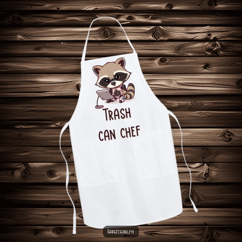 Funny apron with a determined raccoon character programming a miniature robot. A humorous and practical accessory for tech-savvy individuals.