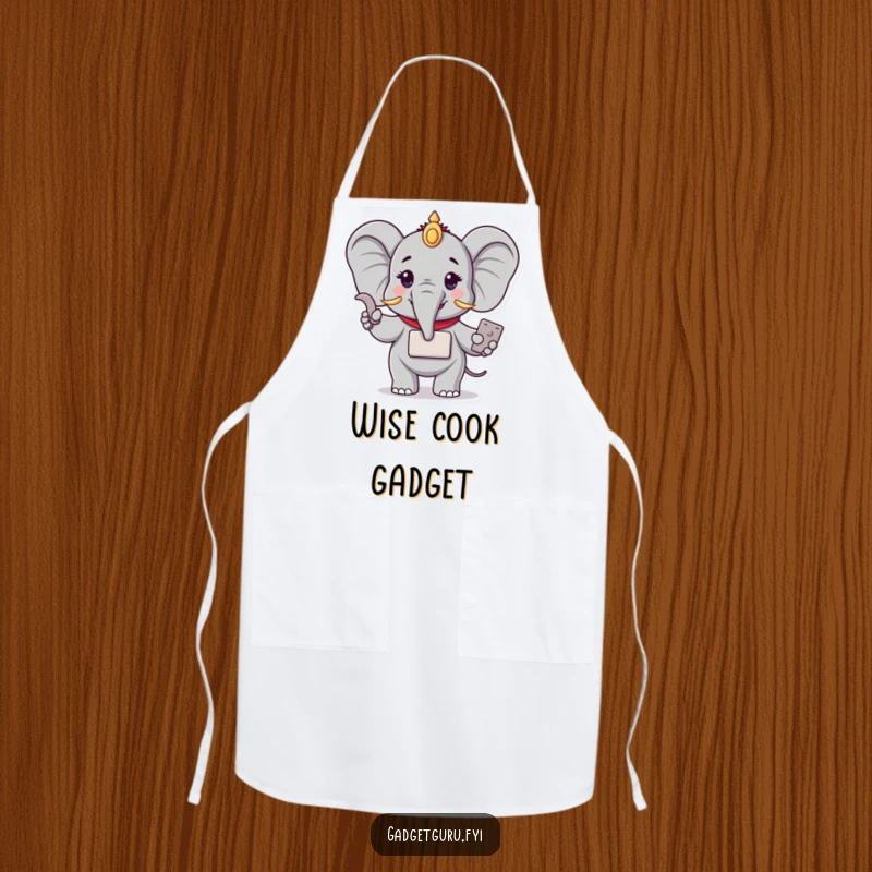 Funny apron with a wise elephant character demonstrating a compact new electronic device. A humorous and practical accessory for tech-savvy culinary artists.