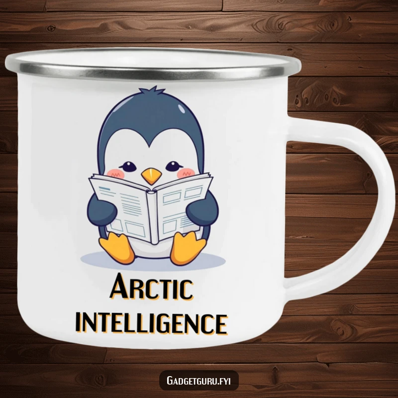 Funny penguin camping mug featuring a studious character reading a miniature tech manual, perfect for intellectual outdoor excursions.