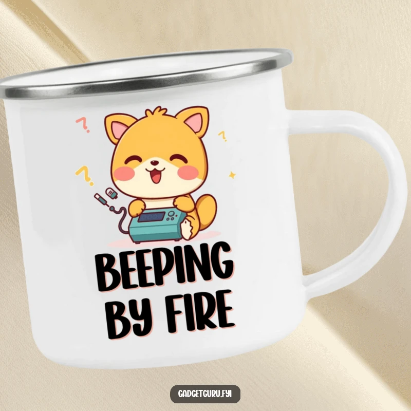 Funny camping mug with a happy animal character beeping while programming a small device, perfect for tech-loving adventurers.