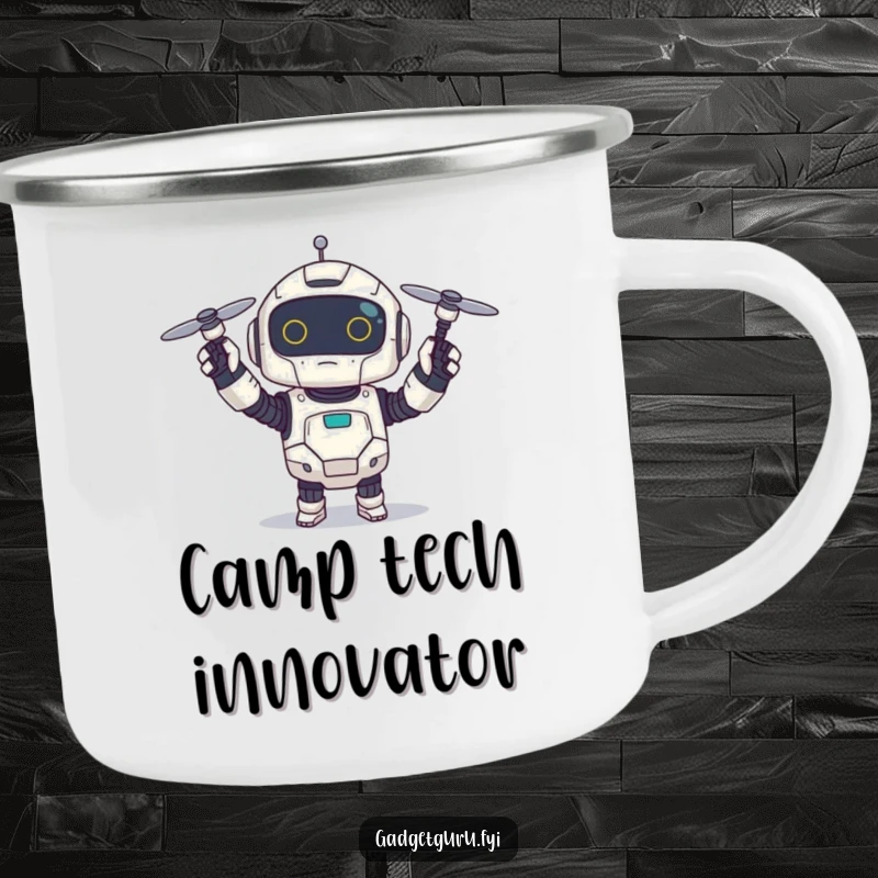 Funny camping mug illustration of a small, excited robot holding a tiny spinning drone, ideal for outdoor tech humor.