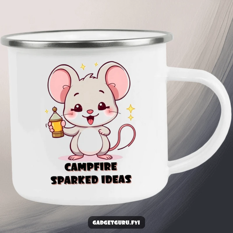 Funny Mouse Camping Mug: A proud mouse holds a miniature, sparking invention, perfect for adventurers.