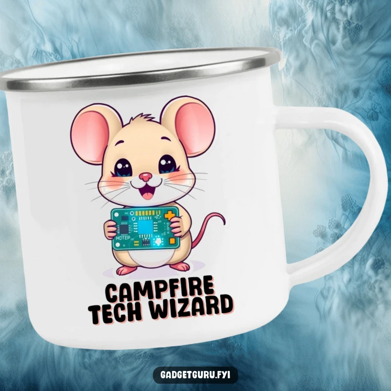 Funny mouse character holding a blinking circuit board on a durable camping mug, perfect for enjoying drinks with geeky humor.
