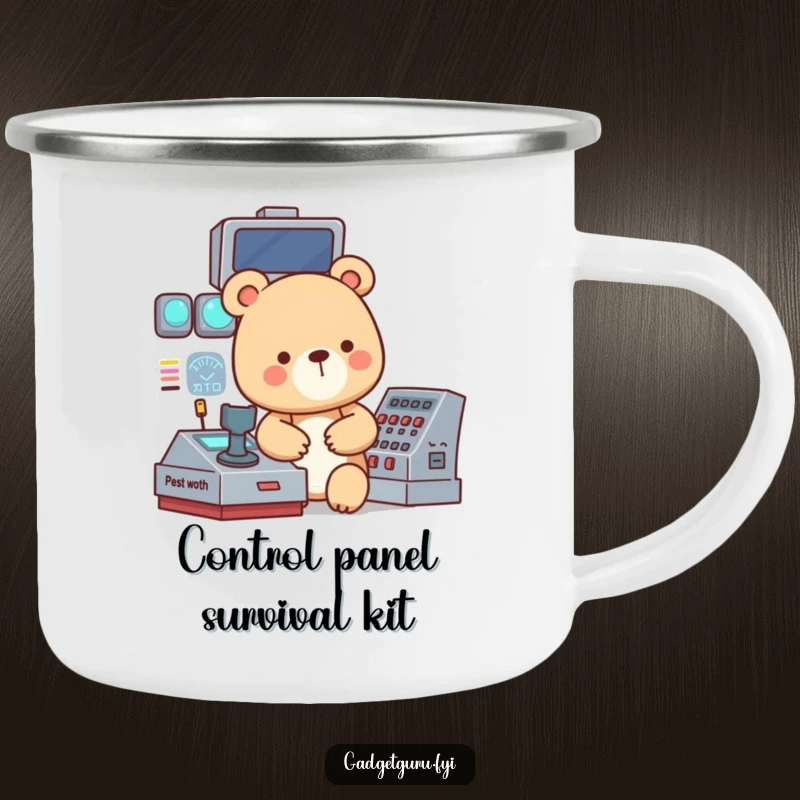 Funny camping mug with a small, focused bear character operating a complex, blinking control panel, ready for outdoor missions.