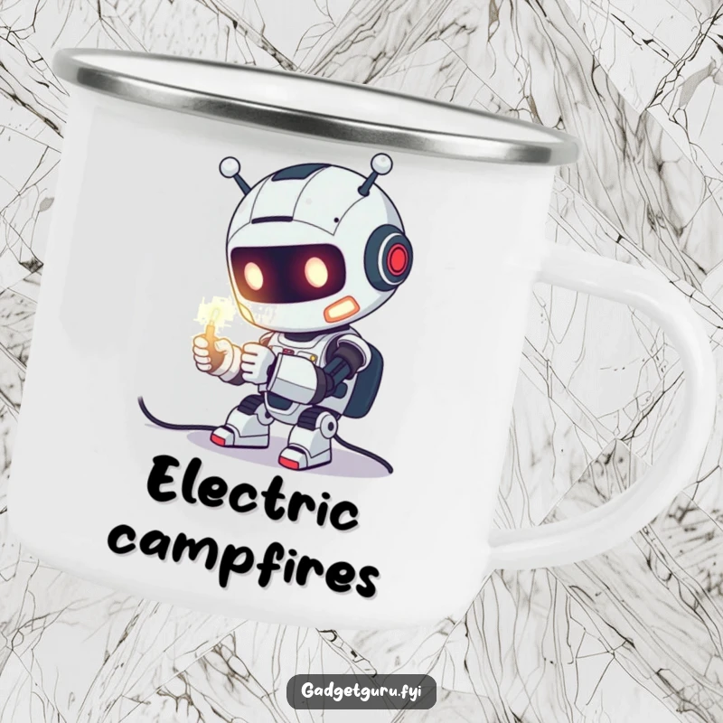 Funny Camping Mug showing a cute robot character enthusiastically tinkering with a glowing wire, perfect for outdoor tech enthusiasts.