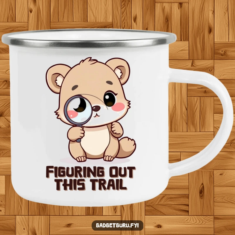 Funny camping mug featuring an animal with a magnifying glass studying a complex diagram, a humorous and rugged gift for outdoor enthusiasts.