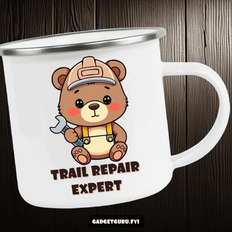 Funny bear cub camping mug, a cute cub with a hard hat and wrench, perfect for outdoor activities.
