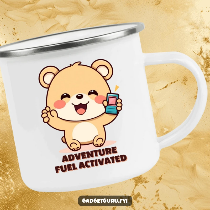 Funny Bear Gadget Camping Mug: An enamel mug featuring a happy bear holding a small, flashing gadget, ideal for outdoor enthusiasts and tech fans.