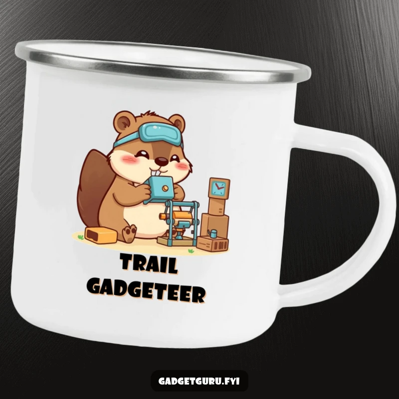 Funny beaver camping mug featuring a happy, crafty character building a miniature gadget, perfect for makers on the go.