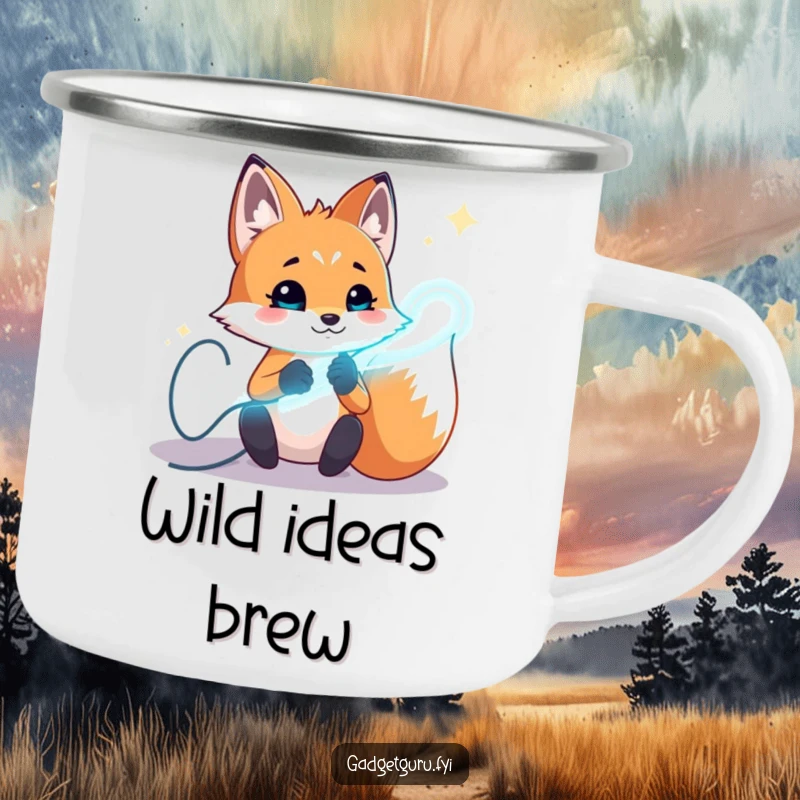 Funny fox enamel camping mug featuring a playful character experimenting with glowing wires, ready for electrifying adventures.