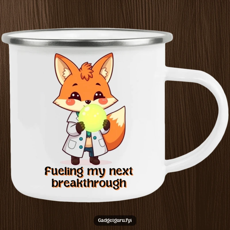 Funny camping mug with a cheerful fox scientist in a lab coat, holding a glowing orb, ready for outdoor expeditions.