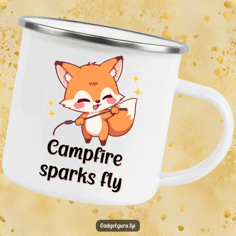 Funny camping mug featuring a mischievous fox character playfully zapping a wire, adding humor to outdoor activities.