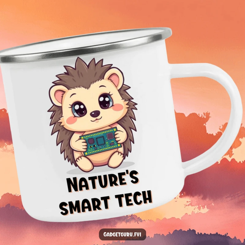 Funny hedgehog camping mug with a curious character holding a tiny circuit board with wide eyes, for humorous outdoor tech enjoyment.
