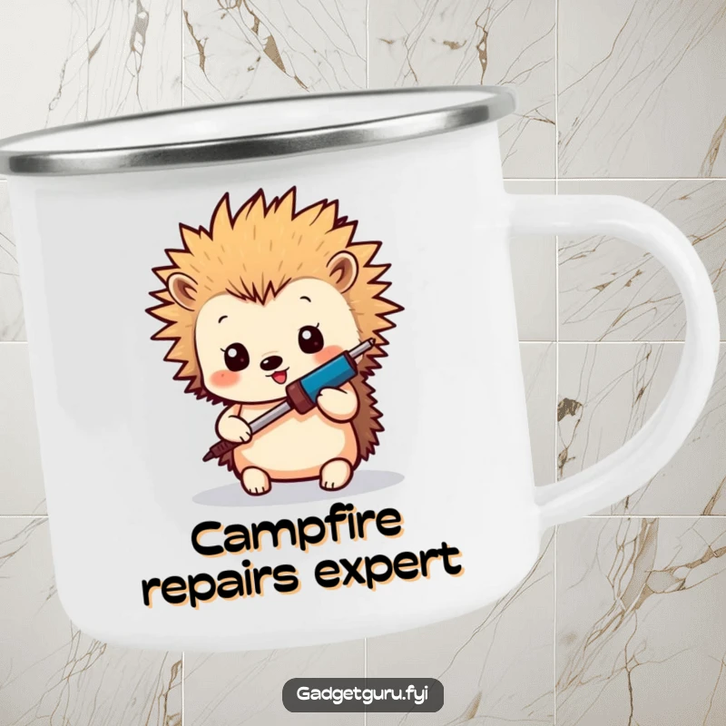 Funny Hedgehog Maker Camping Mug: An enamel mug featuring a tiny hedgehog with spiky hair using a miniature soldering iron, ideal for outdoor crafters.