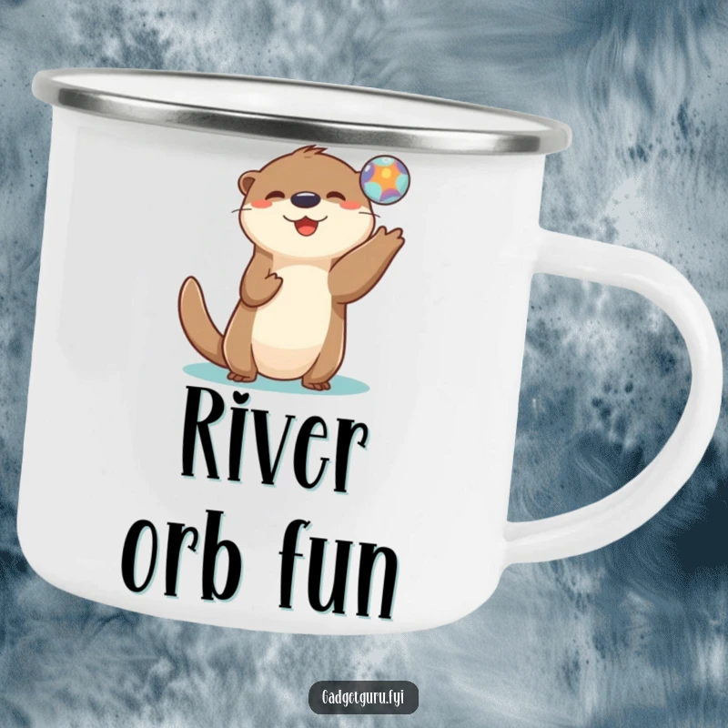 Funny camping mug featuring a playful otter character tossing a small, glowing digital orb near a campfire.