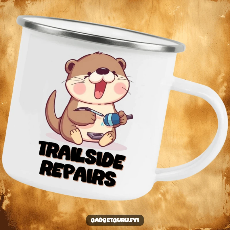 Funny Camping Mug showing an excited otter with a soldering iron, working on a gadget, perfect for outdoor projects.