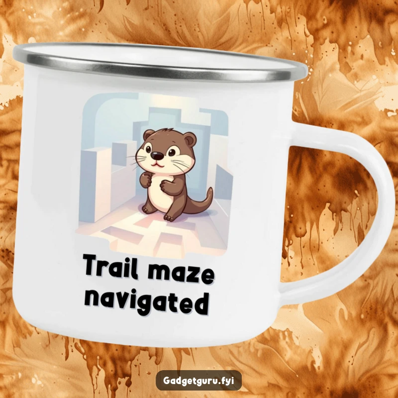 Funny camping mug showing a determined otter character navigating a small, illuminated maze, ready for wilderness challenges.