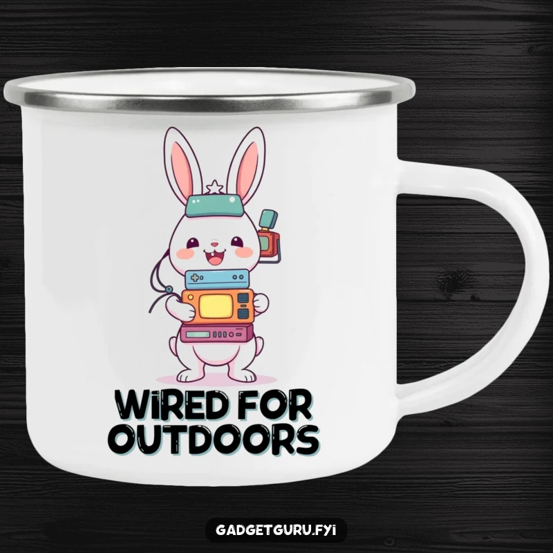 Funny camping mug featuring a cheerful rabbit character attempting to balance a tower of small electronic gadgets.