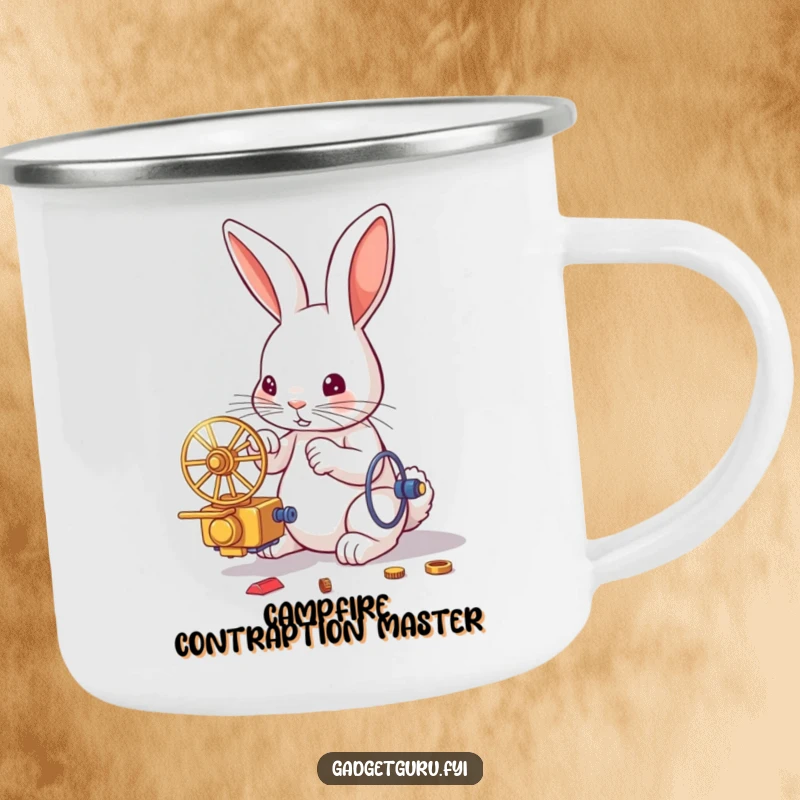 Funny camping mug depicting a determined rabbit with tools, assembling a small, whirring invention, ready for outdoor adventures.