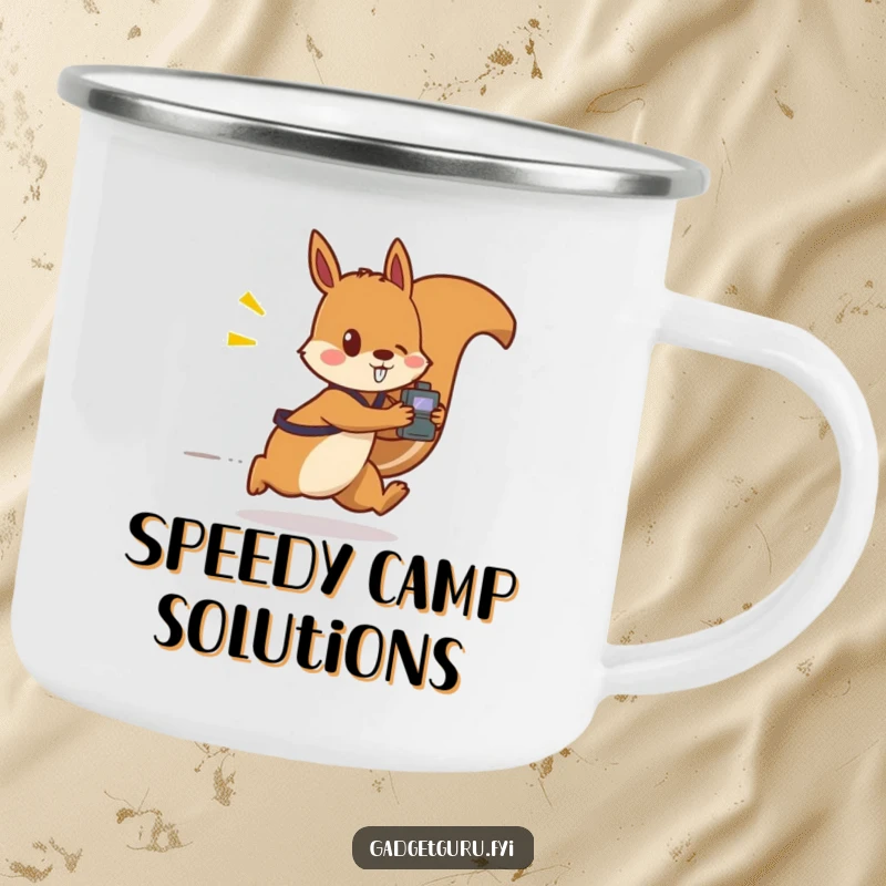 Funny camping mug shows a fast squirrel character zooming with a small, flashing gadget, perfect for on-the-go tech enthusiasts.