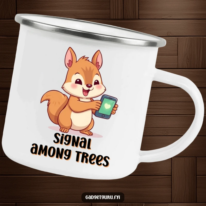 Funny camping mug featuring a cute squirrel character excitedly holding a glowing smartphone, adding humor to outdoor activities.