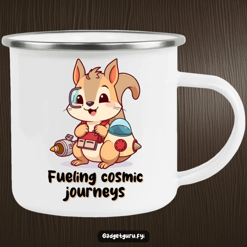 Funny camping mug showing a playful squirrel with a tool belt, tinkering with a small spaceship, perfect for outdoor inventors and dreamers.